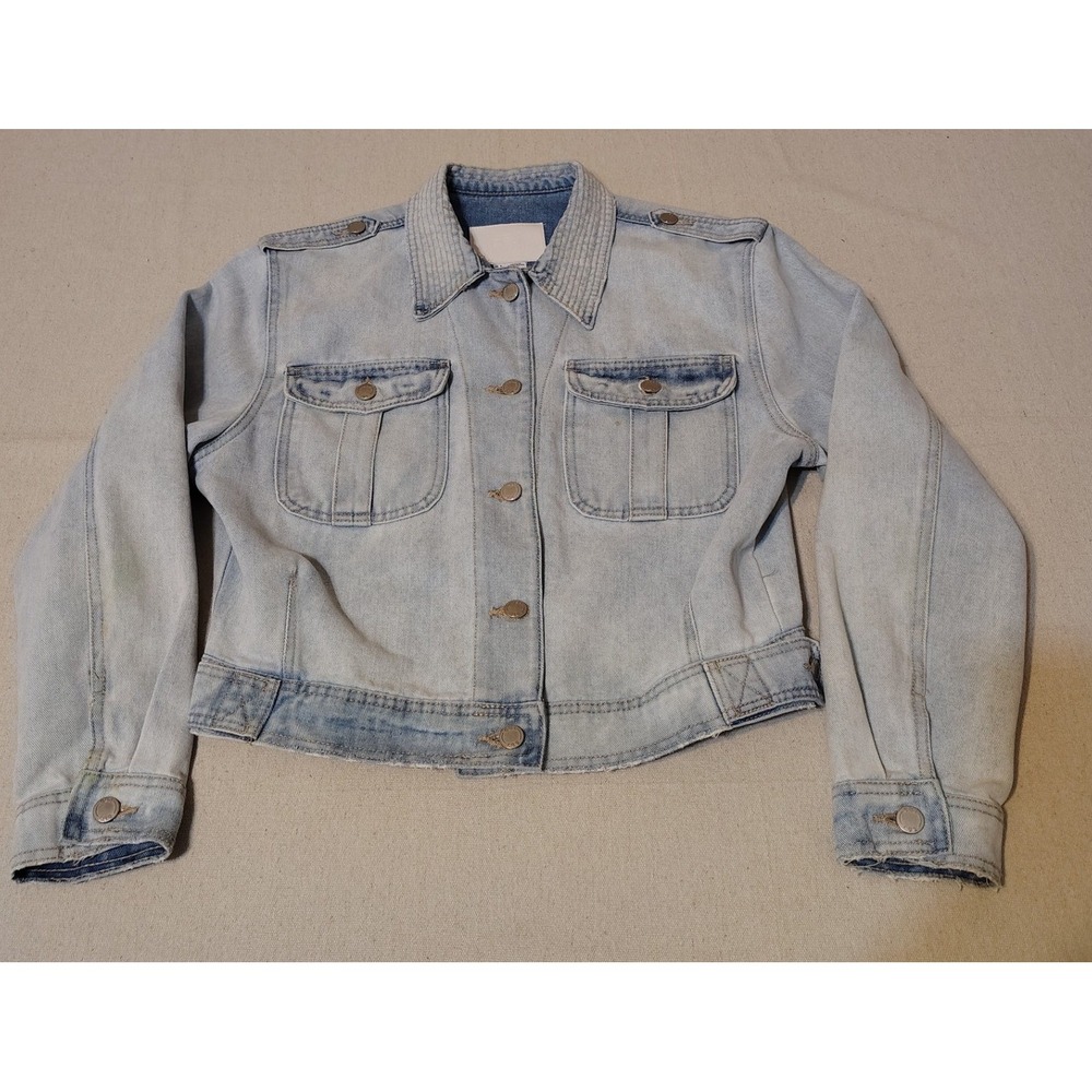 BBJ Los Angeles Womens Light Wash Cropped Denim Jacket Size L Military Style